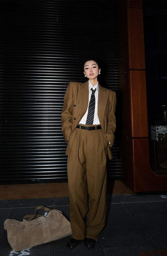 MEI SANGUAN Brown Tailored Blazer & Wide-Leg Pants Three-Piece Set- ARGON