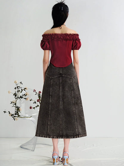 CHECOCRE Chic Stubble Fashion Temperament Embroidered Denim Skirt - FLUTTER