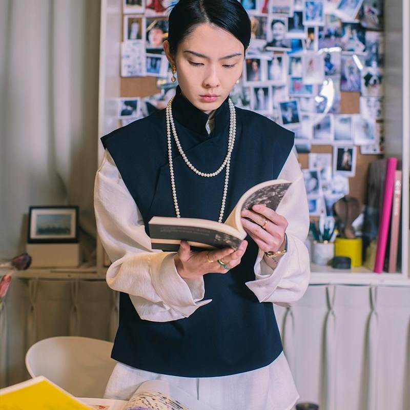 TUYUE blue small stand-up collar pipa collar shoulder vest- STEPHANIE.