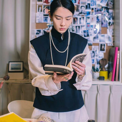 TUYUE blue small stand-up collar pipa collar shoulder vest- STEPHANIE.