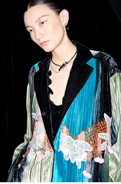 M essential Mackay designer hand-painted velvet tassel-embellished jacket pant set- Sanui.