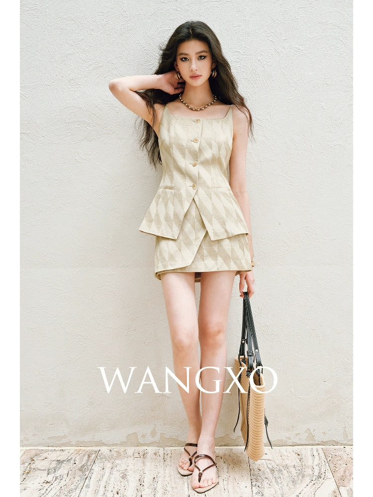 WANGXO | Oxygen-Induced Linen with Rhombic Texture  Waist-Cinched U-Neck Camisole Vest & Tie Skirt Set -NOLA