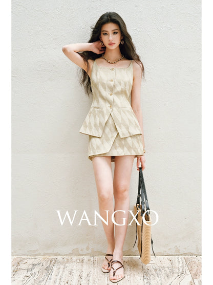 WANGXO | Oxygen-Induced Linen with Rhombic Texture  Waist-Cinched U-Neck Camisole Vest & Tie Skirt Set -NOLA
