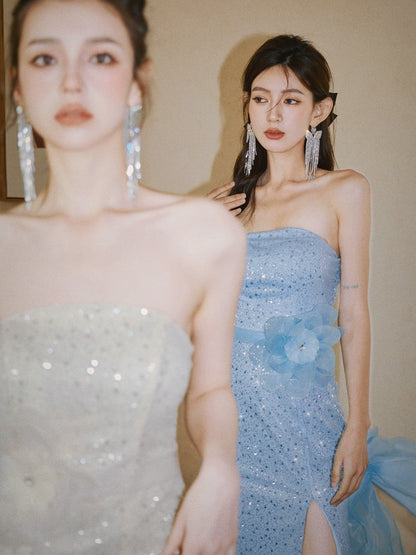 DOLLY Elegant Blue Flower Ribbon Tube Sequin Fish Tail Dinner Dress-LONE