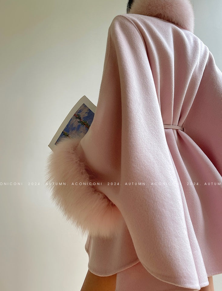 Aconiconi Winter pink wool cape fox fur sleeve double-sided coat-Sakura
