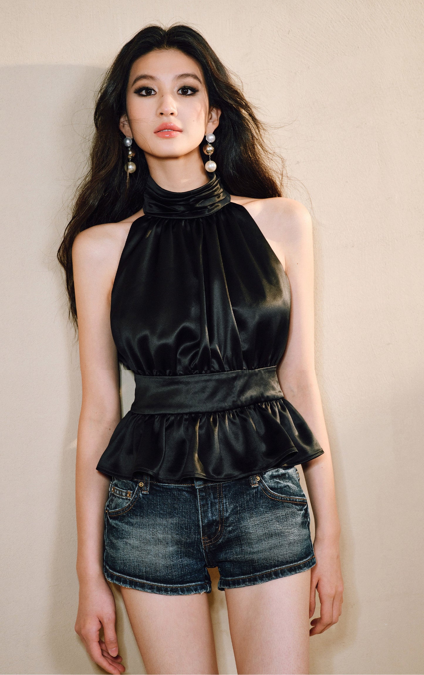 WANGXO Acetate Satin Silky Smooth Collar Cut-Out Aesthetics Shirred Waist Umbrella Top - VIOLA