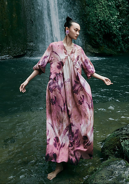 HECO Chinese Silk V-neck Dress Summer Elegant Floral Slim Long dress - GINE .