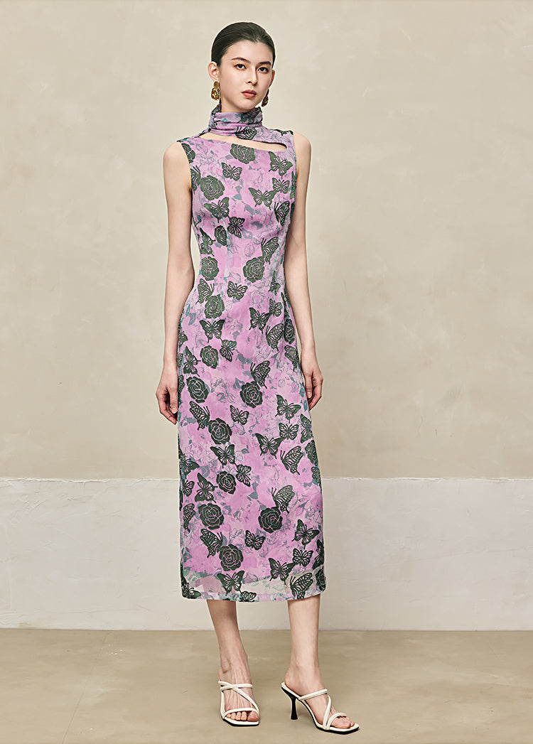 HECO Burnt flower hollow slim sleeveless purple midi dress woman - MIGHT.