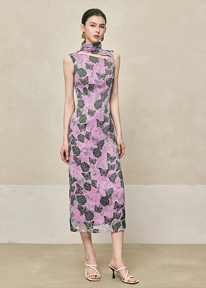 HECO Burnt flower hollow slim sleeveless purple midi dress woman - MIGHT.
