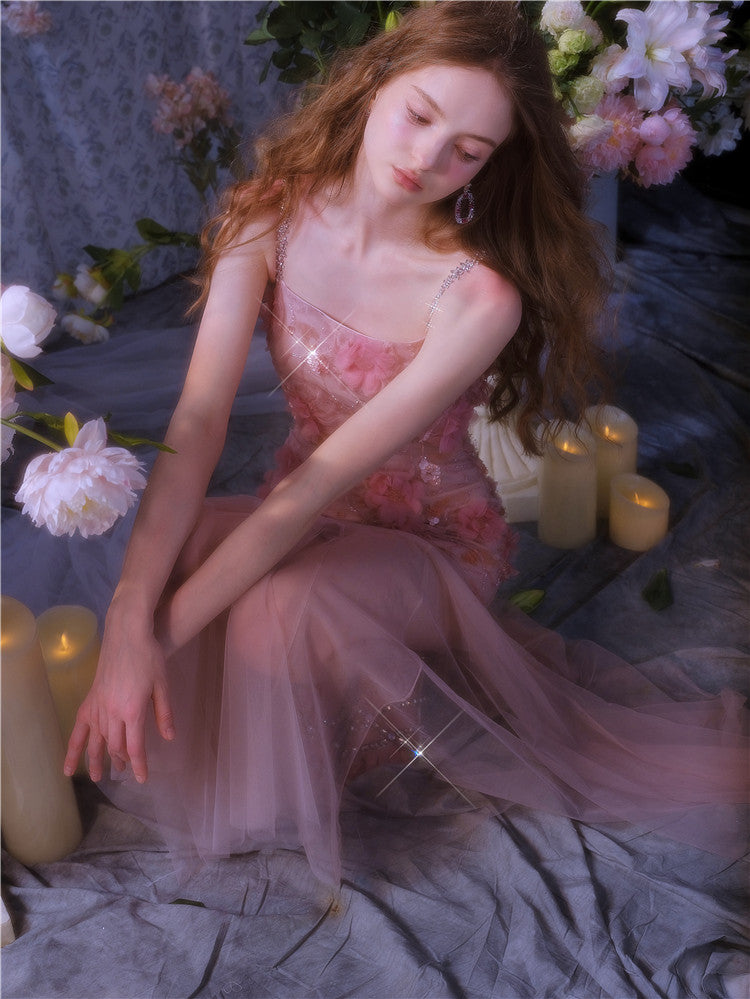 Wardrobes by Chen High End Pink Sleeveless Flower applique Sequin Dress-Bena