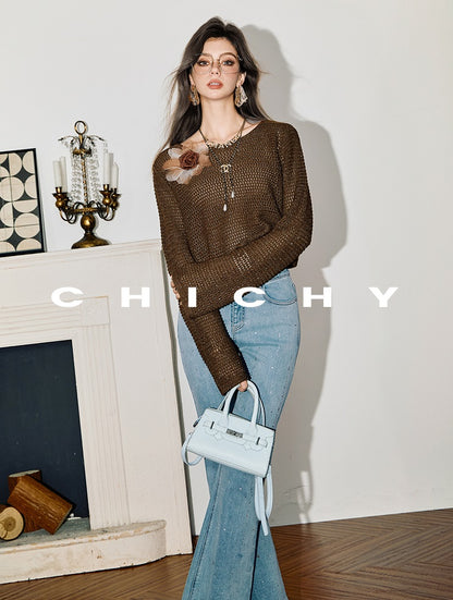 CHICHY hot diamond bootcut blue high-waisted slim pants-KYO