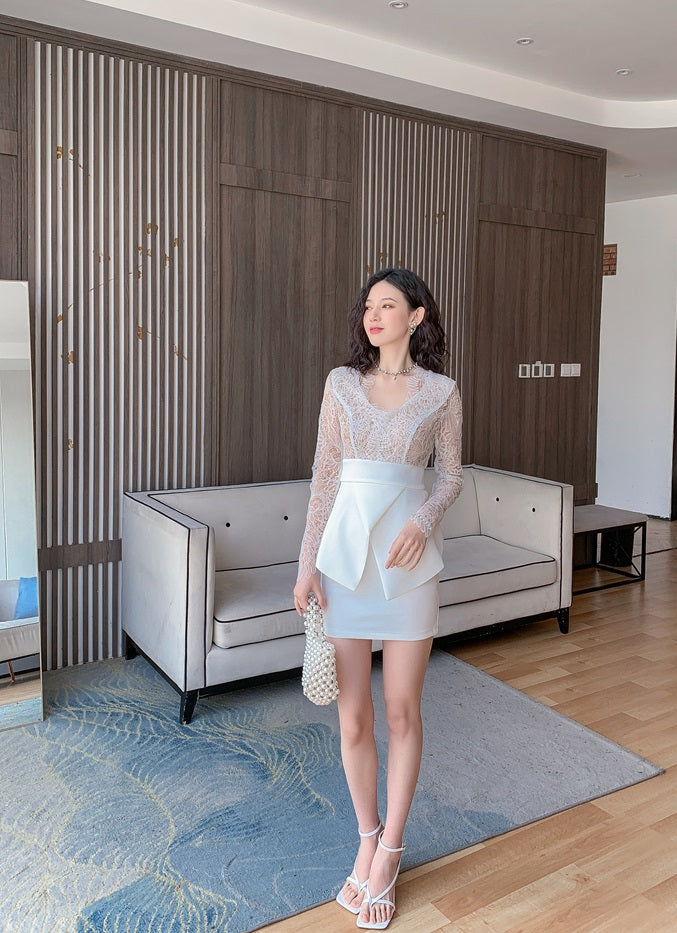 DOLLY Elegant White V-Neck Long Sleeve High Waist Peplum Short Date Dress-LOUIS