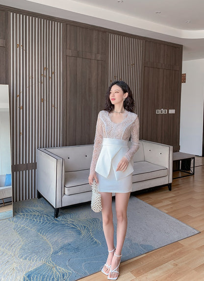 DOLLY Elegant White V-Neck Long Sleeve High Waist Peplum Short Date Dress-LOUIS