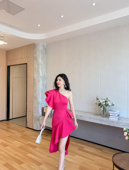 DOLLY Elegant Slant Collar Ruffle Sleeve Slim Fit Midi Irregular Skirt Party Dress-GANGA