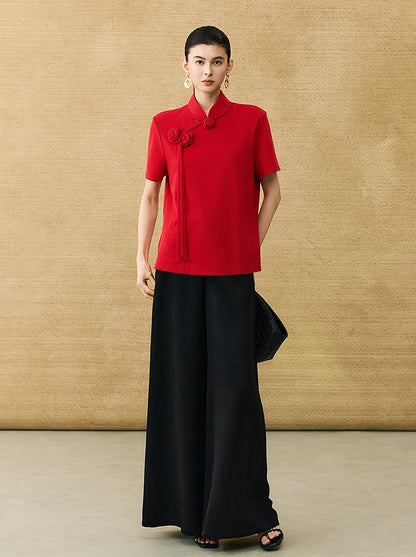 HECO Chinese Handmade Rose Tassel Short Sleeve T-Shirt  - GRADE.