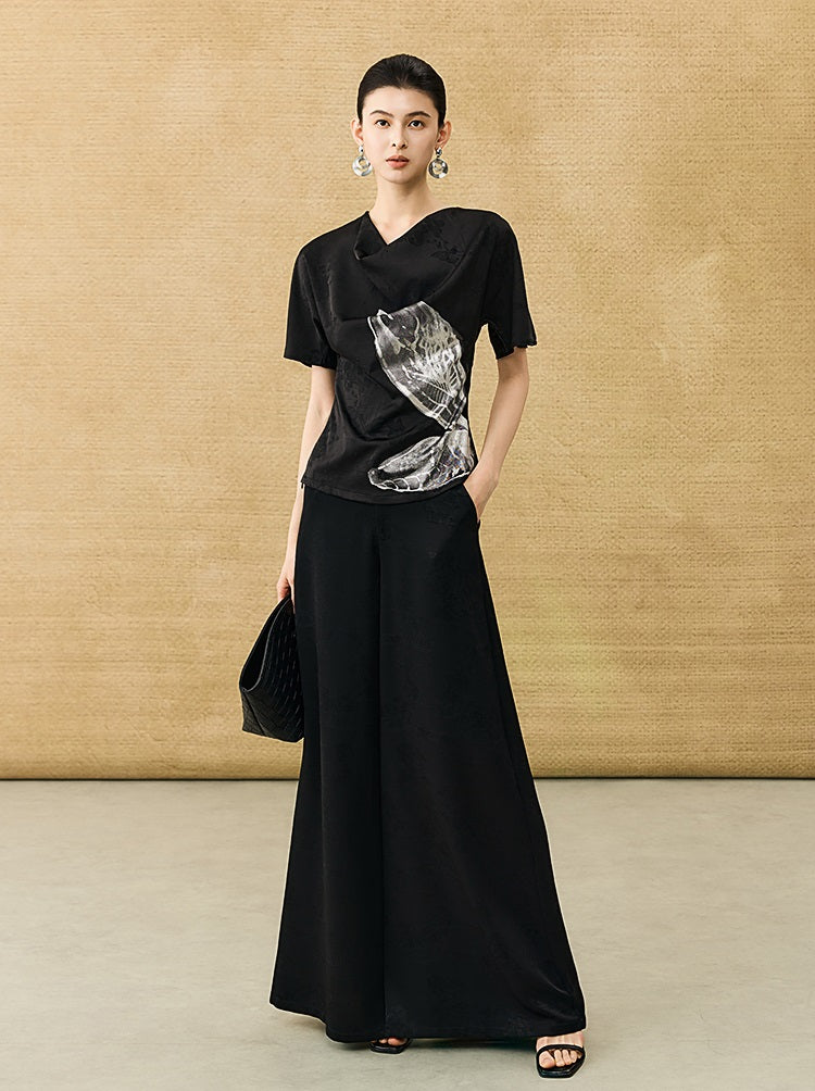 HECO Chinese Art Butterfly Print Swing Neck T-Shirt Waist Slim Top - CONJOR .