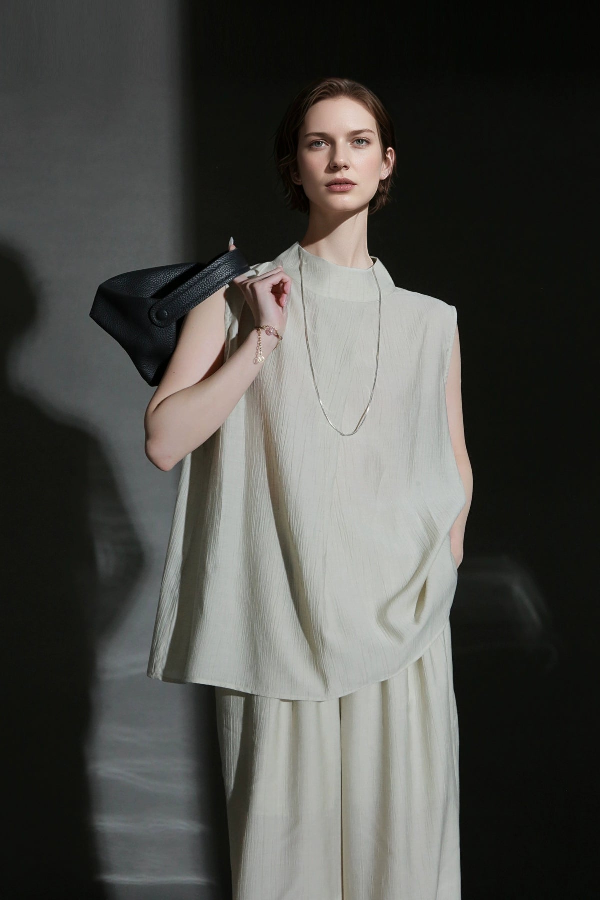 PIAOIN texture linen silk stand up collar sleeveless t-shirt women's straight pants - ARIA