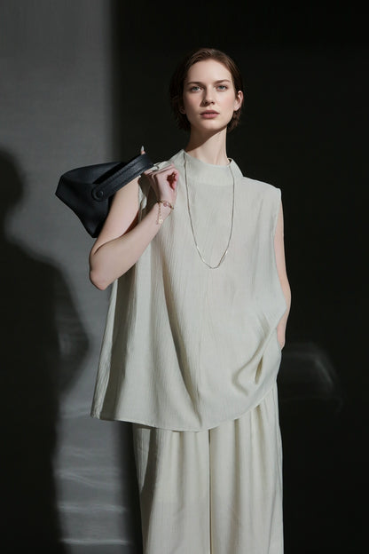 PIAOIN texture linen silk stand up collar sleeveless t-shirt women's straight pants - ARIA