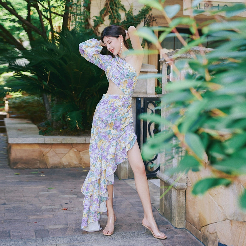 DOLLY Elegant Slant Collar Long Puff Sleeve Hollow Irregular Ruffled Hem Dress-KIERA