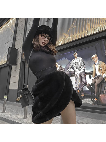 Le Palais Vintage Black Long Sleeves Short Faux Fur Coat and Dinner Skirt Suit-Selena.