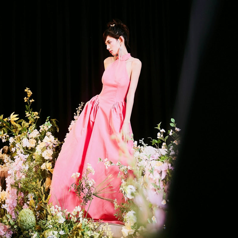 DOLLY Elegant Pink Halter Neck Sleeveless Long Loose A-Line Evening Dress-AMELIA