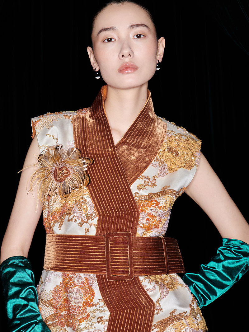 M essential Mackay designer quilted wide belt placket vest pant set- indira