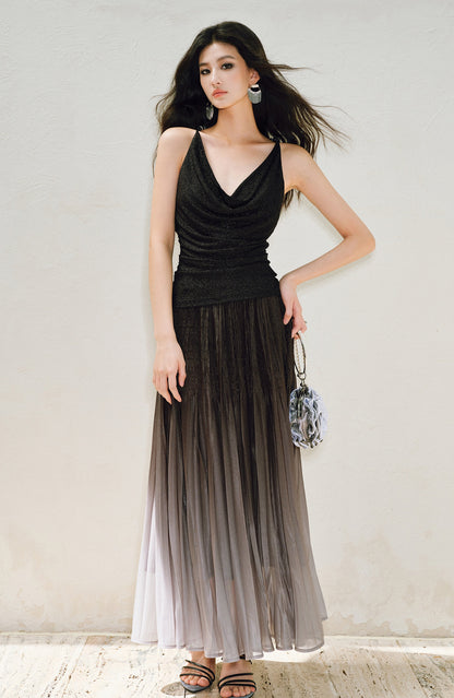 WANGXO |High-Waisted Umbrella Hem Romantic Skirt with Luxe Shimmer-LINA