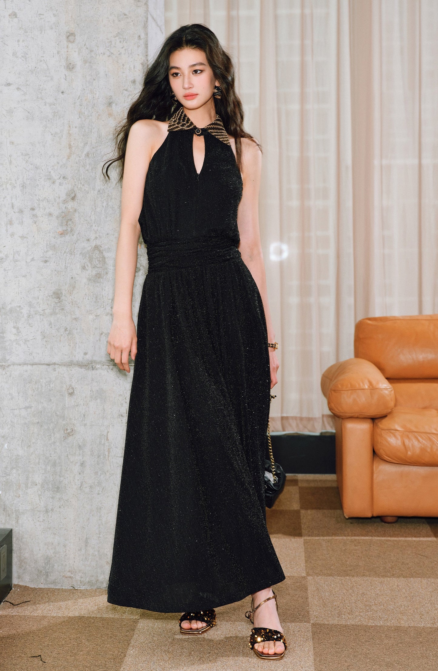 WANGXO | Extravagant Sparkling Meteor Diamond  Metallic Striped Umbrella Hem Sleeveless Dress -ZIVI