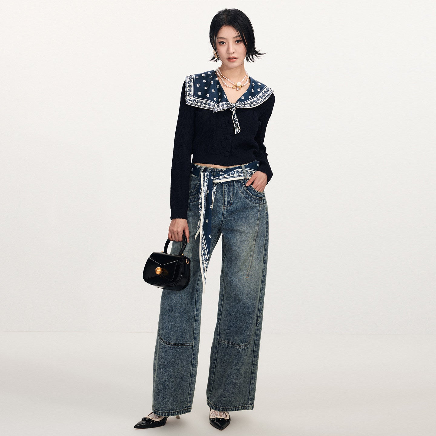 FAME frosted white printed silk scarf jeans  - SASKIA