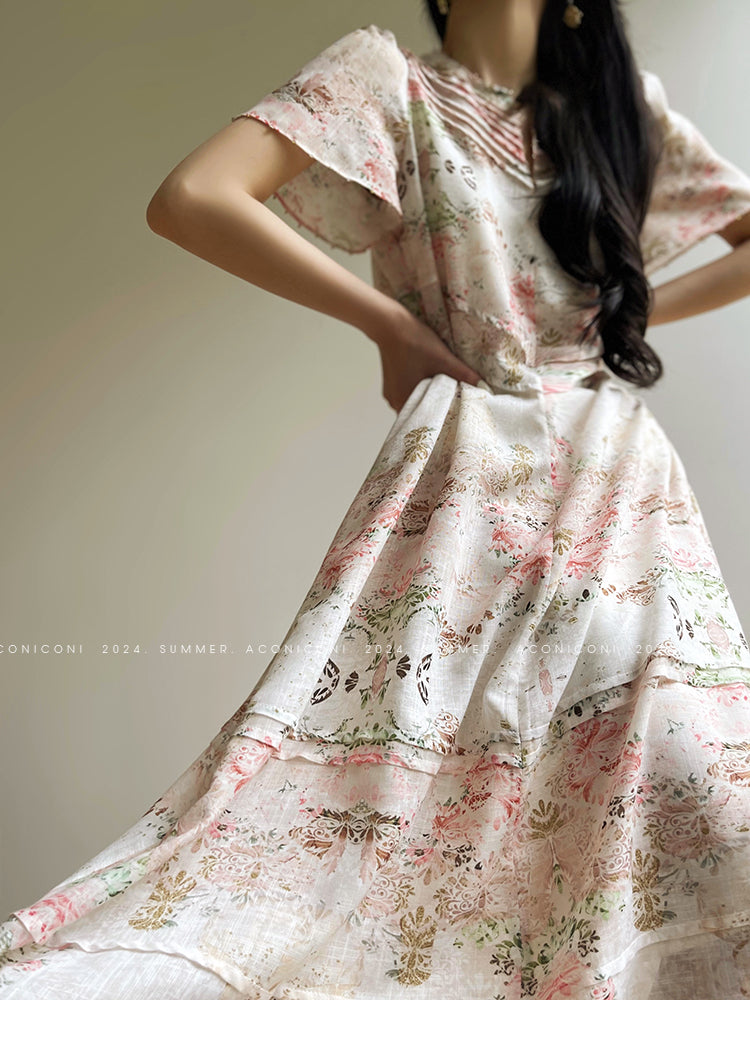 AconiconI Elegant Retro Flower Print Short Sleeve Loose Long Dress- Sweet Early Summer L (L-XL wearable) / Floral AconiconI Elegant Retro Flower Print Short Sleeve Loose Long Dress- Sweet Early Summer L (L-XL wearable) / Floral