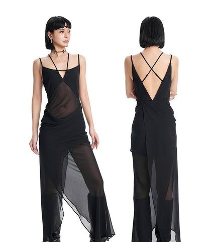 TINY IN Black irregular panelled slip cut-out backless maxi dress -AKIRA