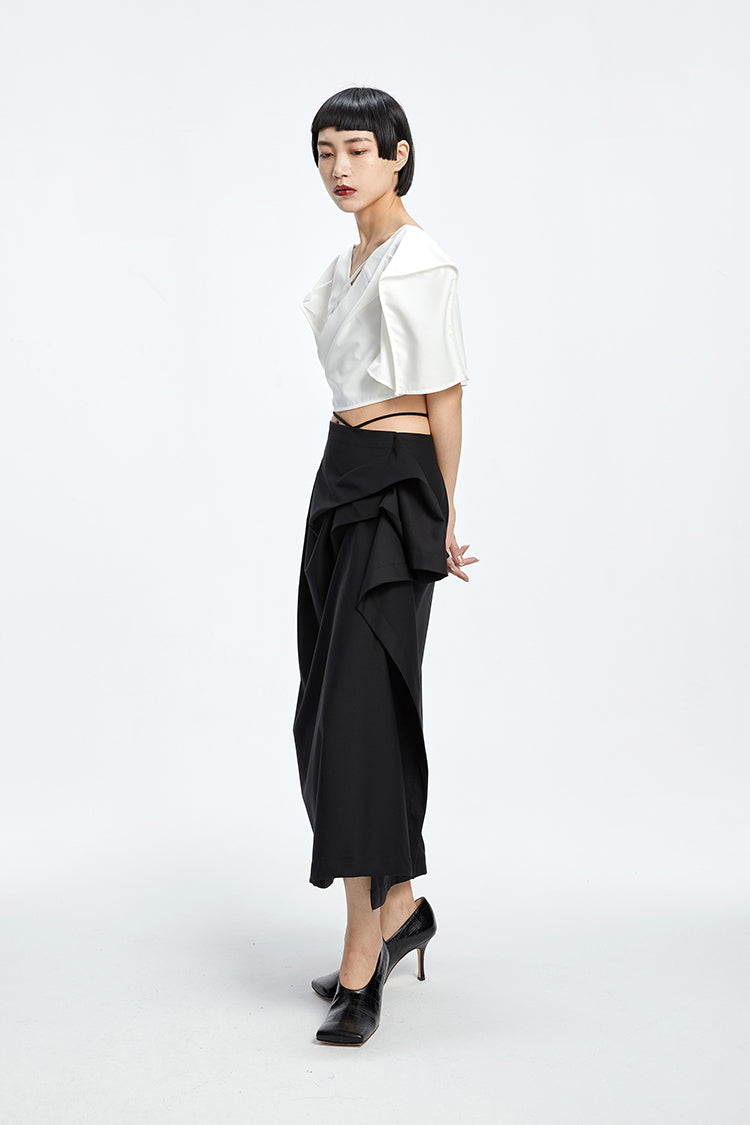 Tiny in three-dimensional square sleeve cross collar tie irregular shirt top women's short -CAM