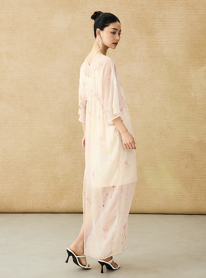 HECO Chinese Resort Style Flowing V-neck Dress - STONE.