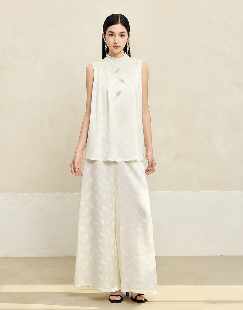 HECO Feather Jacquard Wide-leg Slacks Drape High-waisted Women - PRUDE