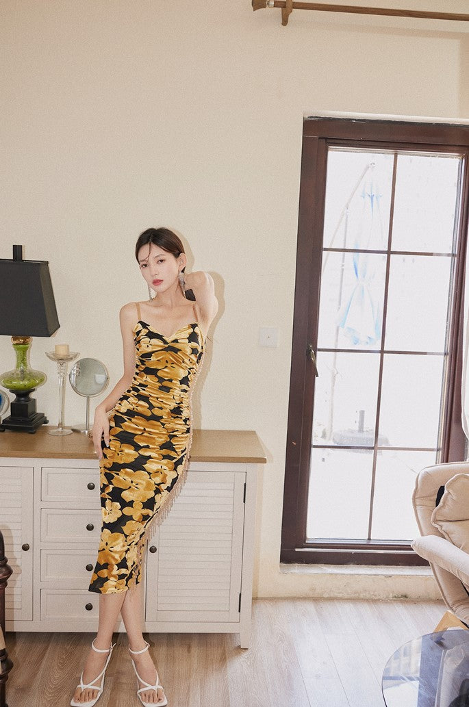 DOLLY Luxury Yellow French Style Sleeveless Pleated Print Suspender Dress-TATIANA