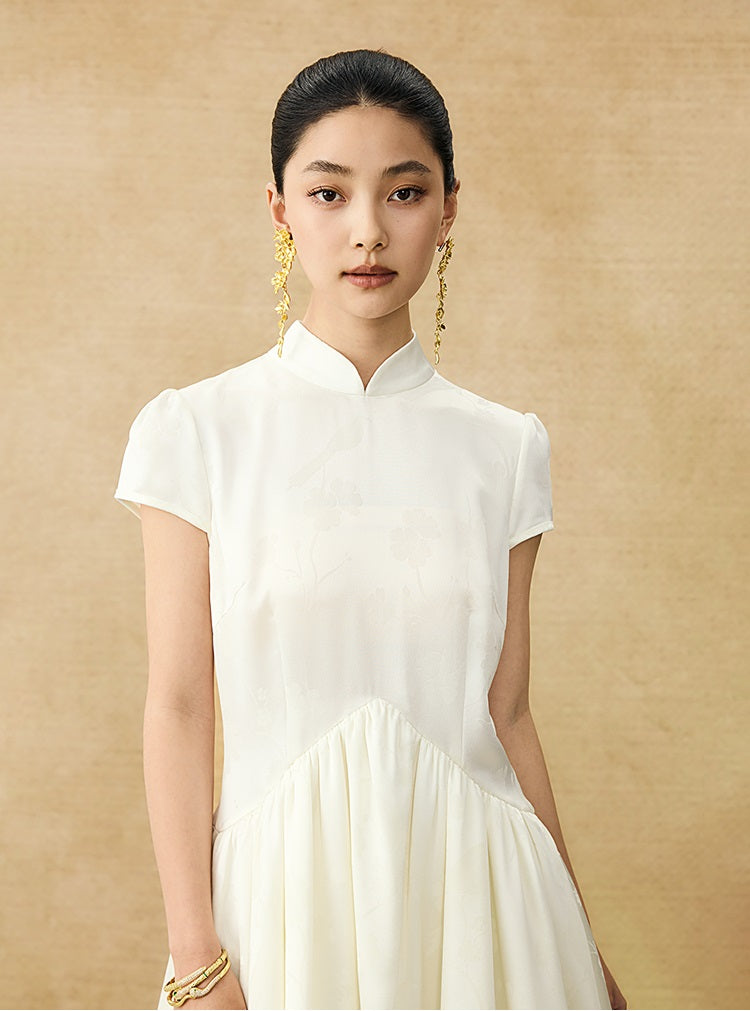 HECO Acetate Jacquard Midi Tiered Cap Sleeves Dress - HEART.