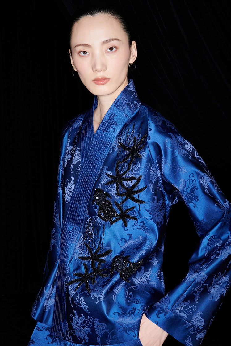 M essential Mackay designer sea green jacquard gag fish algae pattern nail bead jacket - ZYAN.