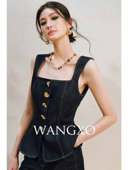 WANGXO | Light-Breathing Tencel Cotton Custom Metal Buckle Vest & Wide-Leg Pants Retro Denim Suit-YARA