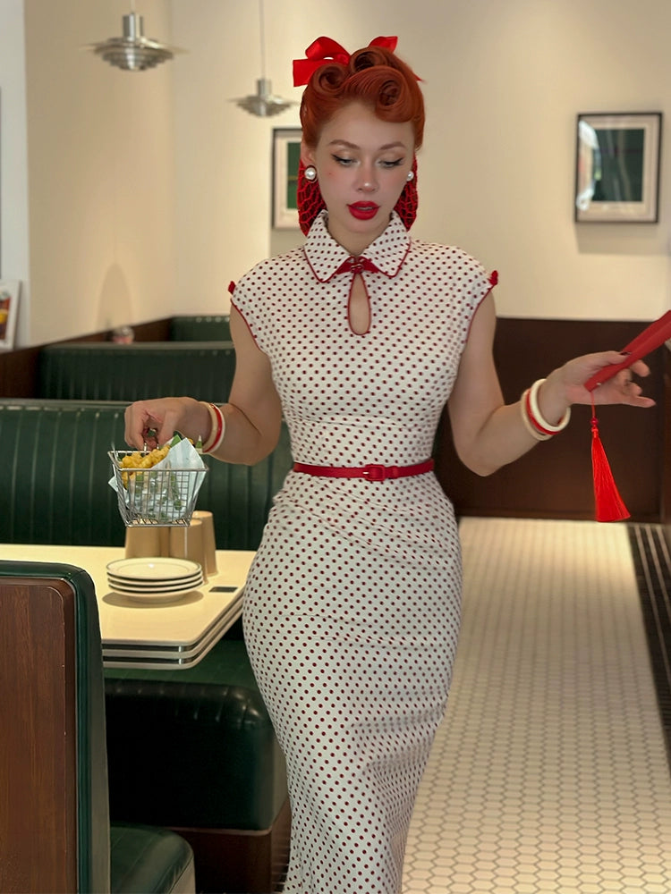 Le Palais Vintage  Elegant Red and White Polka Dot Slim Hong Kong Style Fishtail Dress-KONG