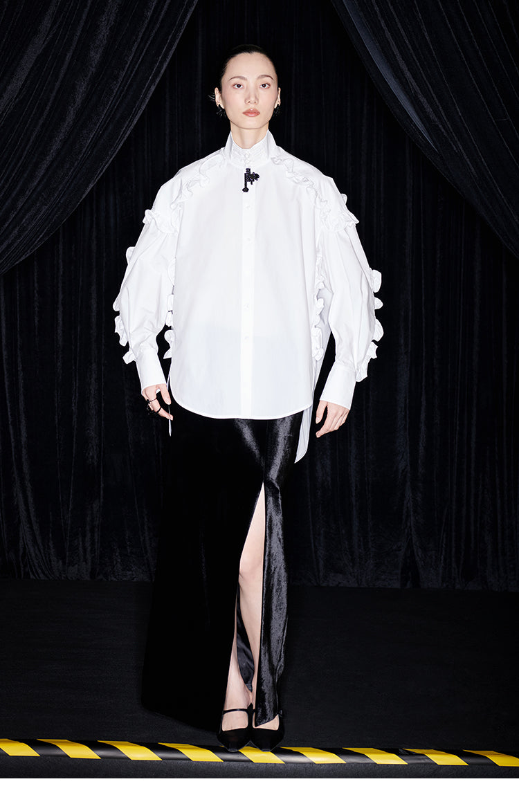 M essential Mackay designer white cotton three-dimensional ruffle trim shirt -  Tori.