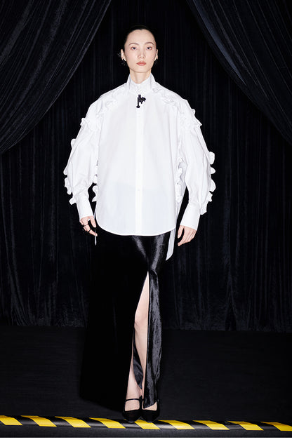 M essential Mackay designer white cotton three-dimensional ruffle trim shirt -  Tori.