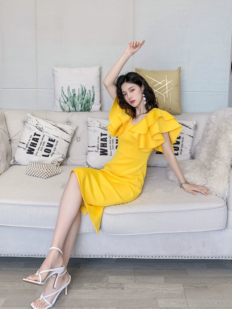 DOLLY Elegant Square Collar Ruffle Short Sleeves Slim Fit Midi Office Dress-HELEN