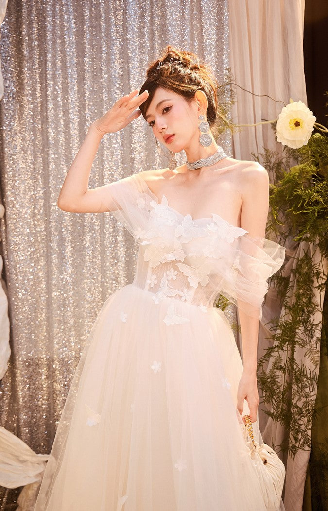 DOLLY Elegant White Off Shoulder Short Sleeve Flower Wedding Dress-SOPHIE  (V)