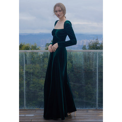 GOUDIN long dark green vintage velvet evening party-BOGNA.