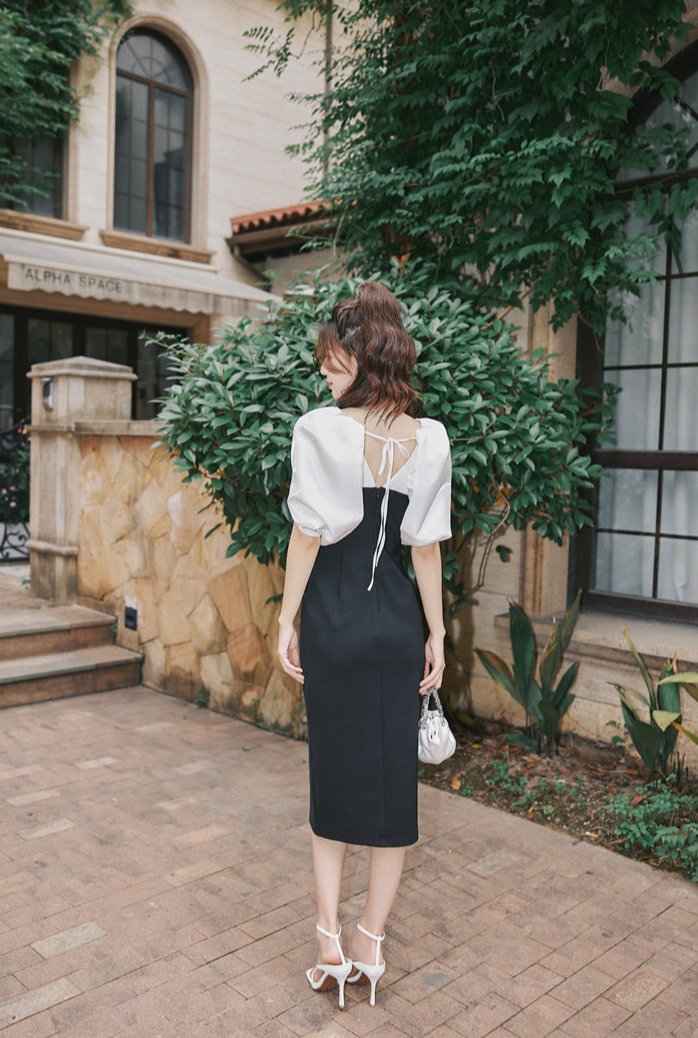 DOLLY Elegant Black and White Deep V-Neck Short Puff Sleeves Slim Fit Office Dress-ZOEY