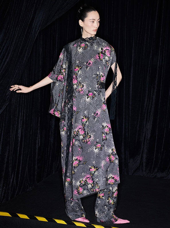 M essential Mackay designer cherry blossom print beaded asymmetrical dress - WORDS.