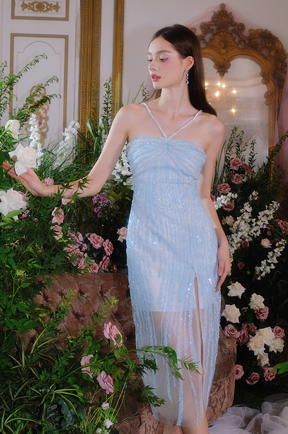 Wardrobes by Chen Luxury Blue Sleeveless Rhinestone Embroidery Slit Dress - Dami