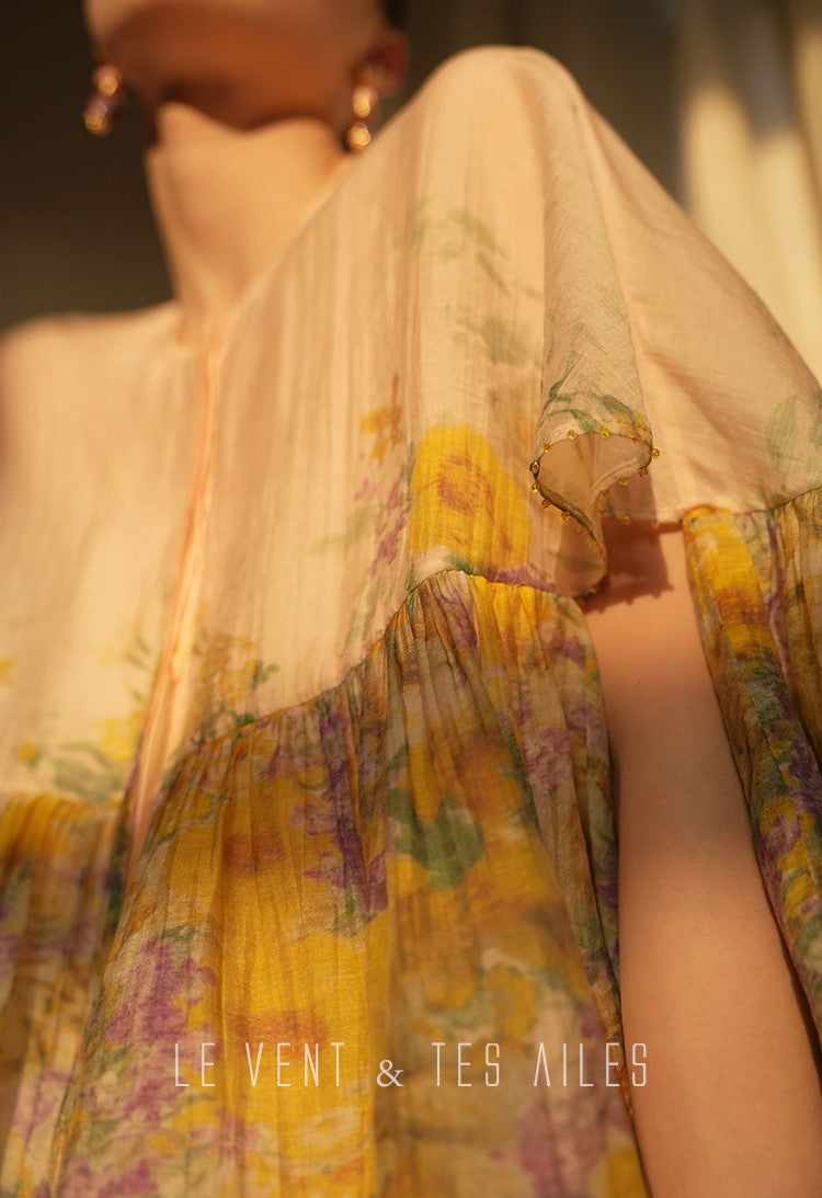 LE VENT&TES AILES Artistic 100% Silk  floral Printed Dress - NINA