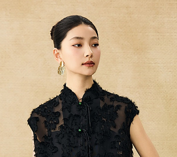 HECO Chinese Style Stand-up Collar Cut Flower Sleeveless Shirt - HELD .