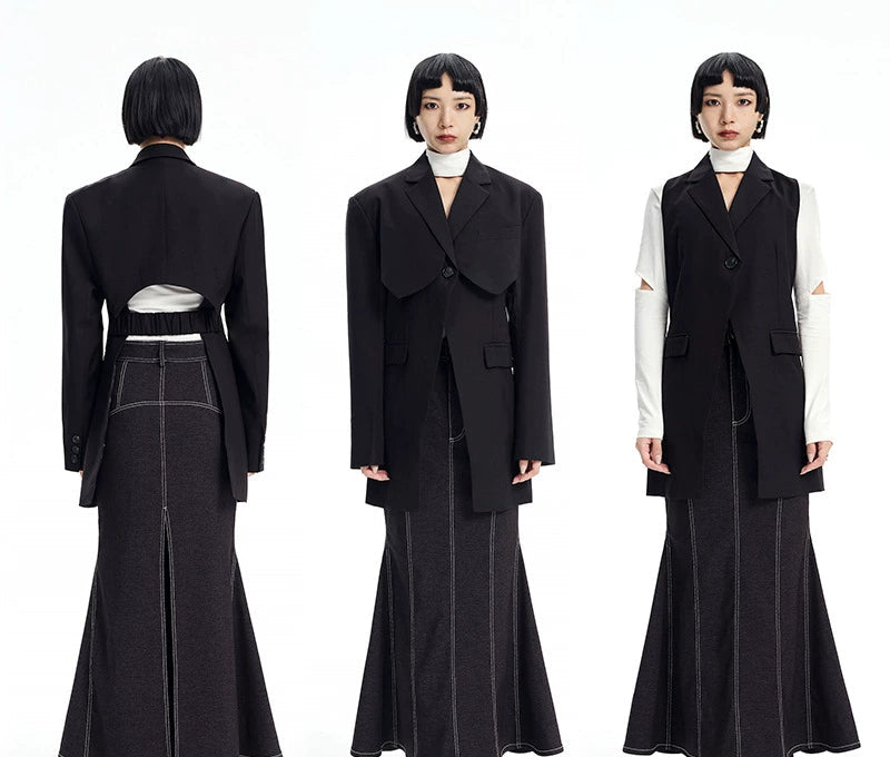 TINY IN cinched waist cut-out two-piece women's black suit vest -SEER